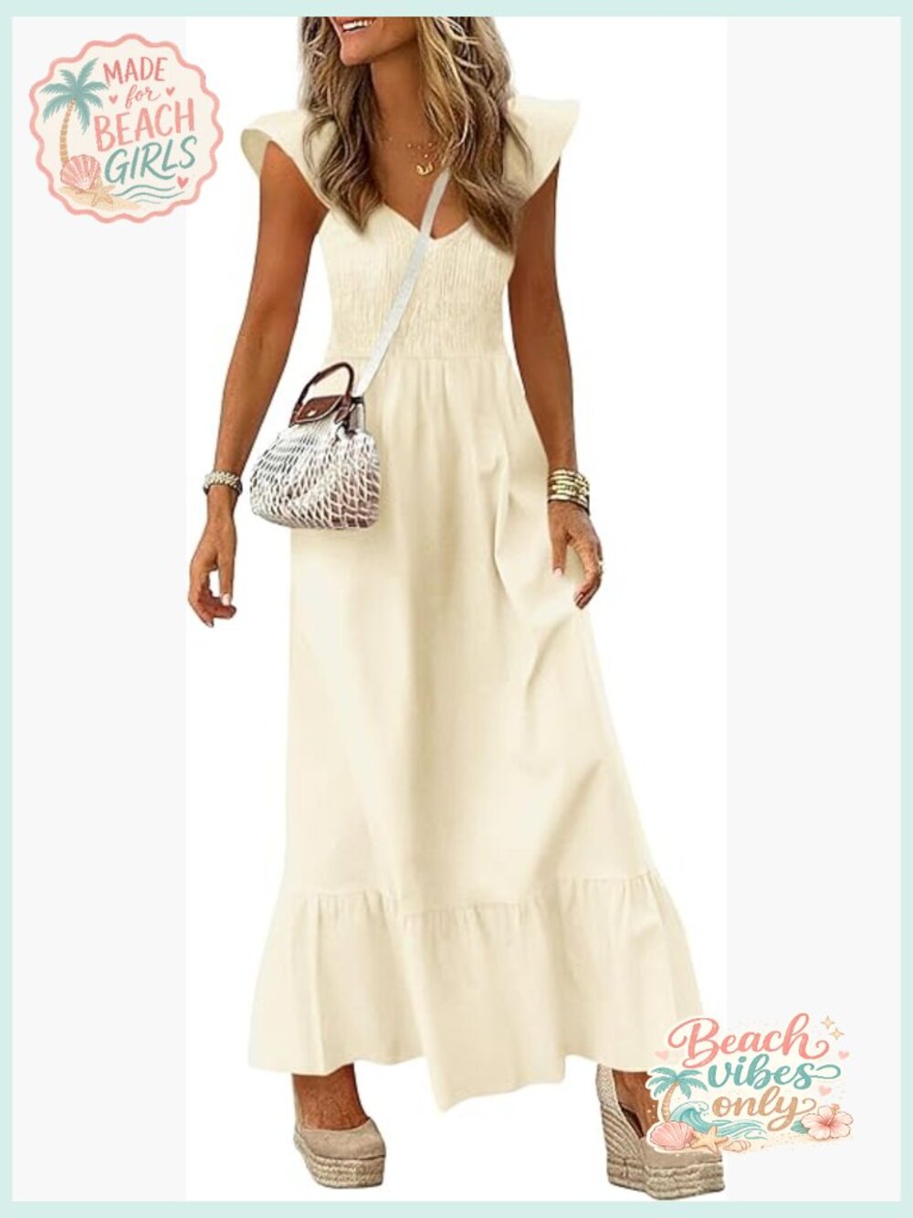 Cap Sleeve V Neck Maxi Dress Smocked A-Line with Pockets Sundress